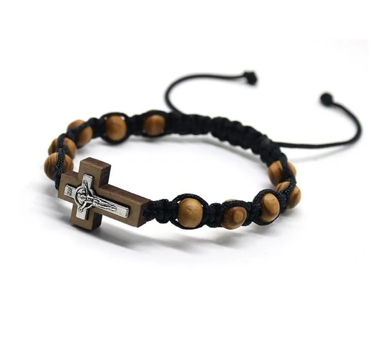 wooden beads cross jesus Briaded Bracelets Adjustable Coffee Brown xmas gift new arrival men women vintage