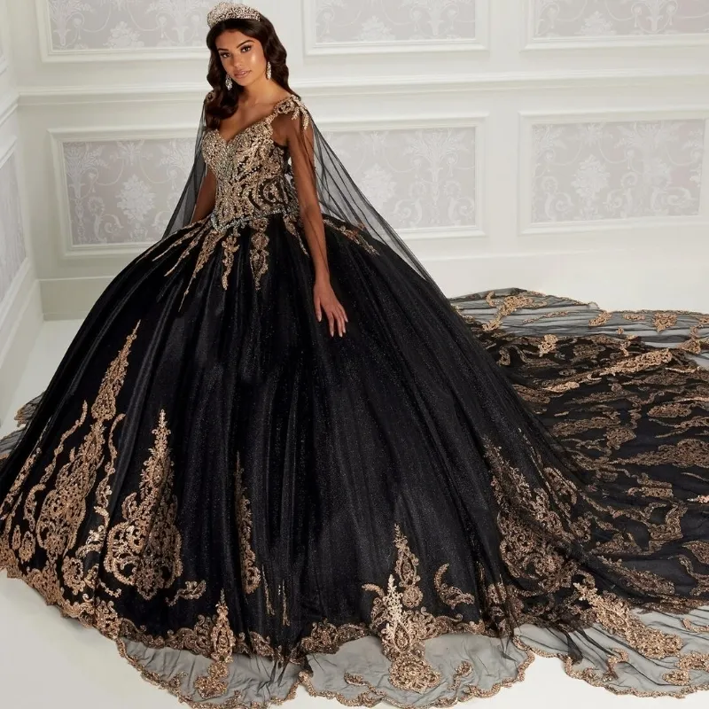 Black Shiny Quinceanera Dresses Sweet 16 Ball Gown Off The Shoulder Gold Lace Appliques Beads With Cape Pageant Party Princess Lace Up Back 0702 From 566 39 DHgate
