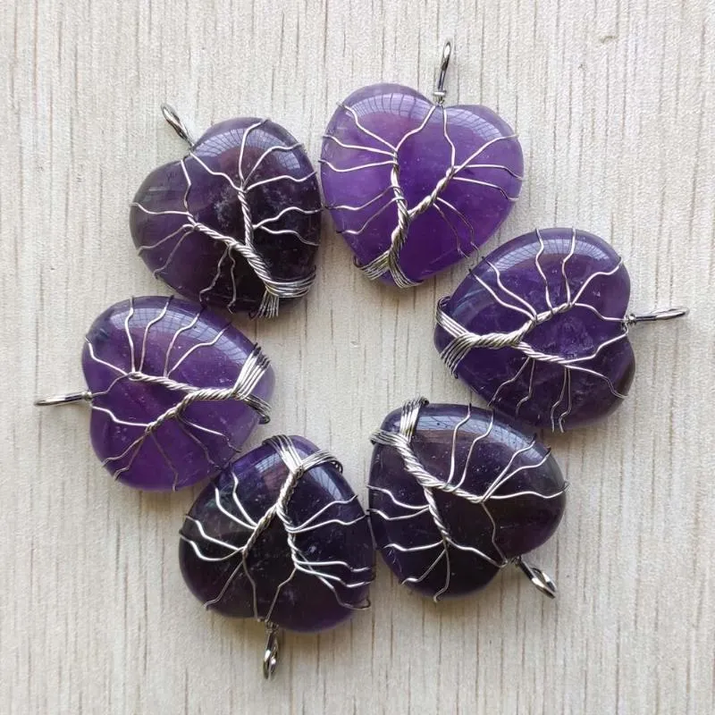 Pendant Necklaces Natural Amethyst Stone Handmade Wire Wrapped Tree Of Life Heart Pendants 30mm For Jewelry Making Wholesale 6pcs/lot