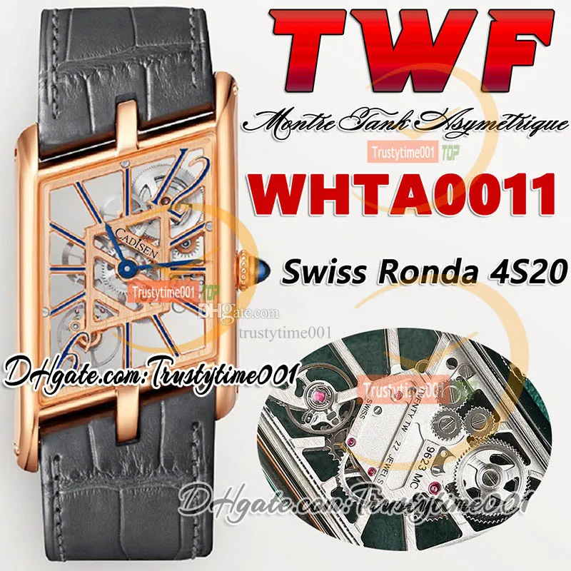 TWF tw0011 Swiss Ronda 4S20 Кварцевые мужские часы Montre Asymetrique Часы унисекс Корпус из розового золота Скелетный циферблат Серый кожаный ремешок Super Editiontrustytime001Часы