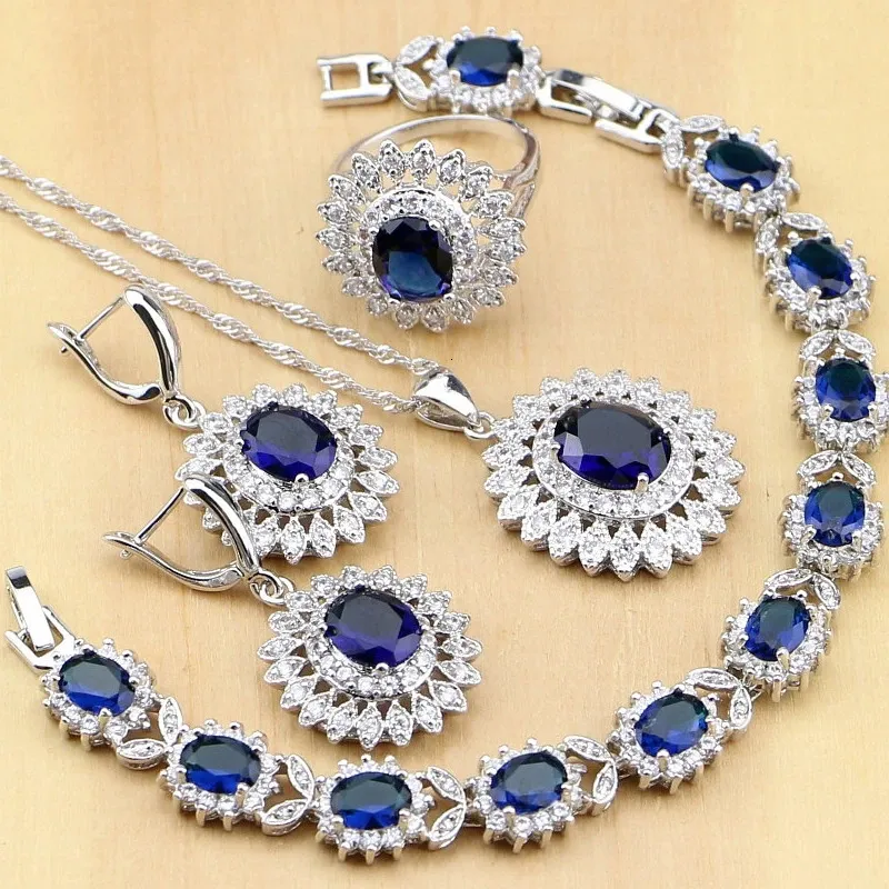 Ensembles de bijoux de mariage naturel ovale bleu Zircon blanc CZ argent 925 ensembles de bijoux pour femmes fête boucles d'oreilles/pendentif/collier/anneaux/Bracelet goutte 231115