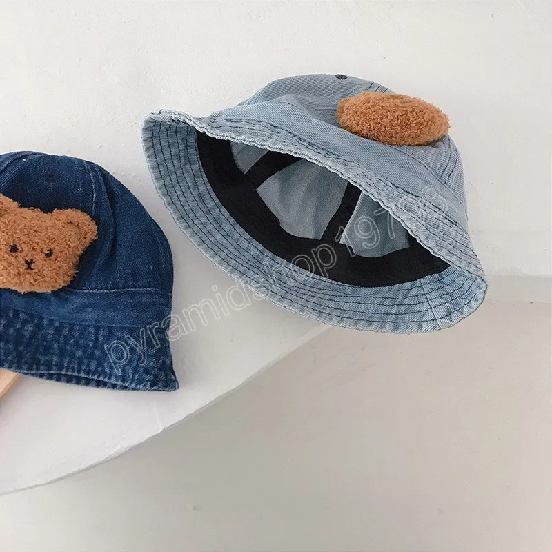 Opvouwbare baby denim emmer hoed cartoon beer kids sun protect cap zomer herfst baby baby peuter zonnescherm vissershoed