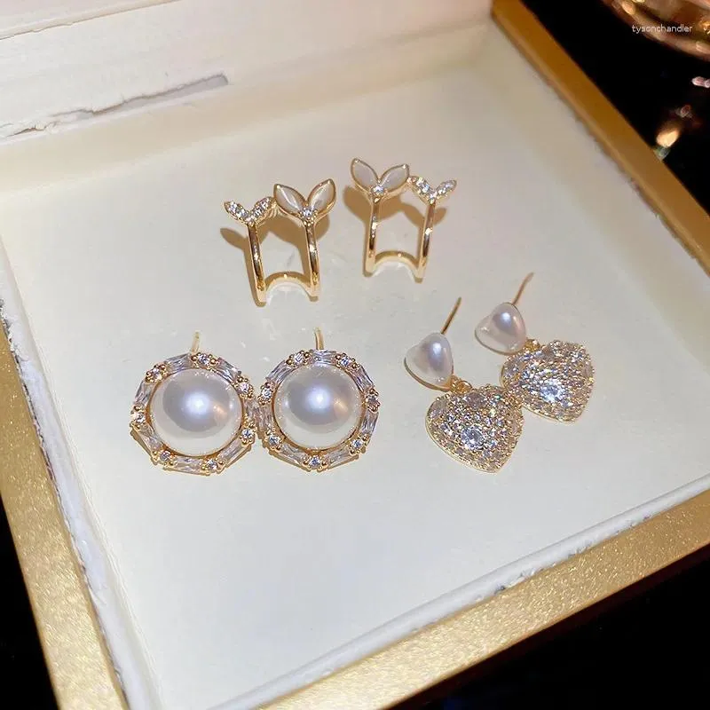 Stud Earrings Zircon Pearl Love Heart Drop For Women Light Luxury High Grade Simple Fashionable Jewelry