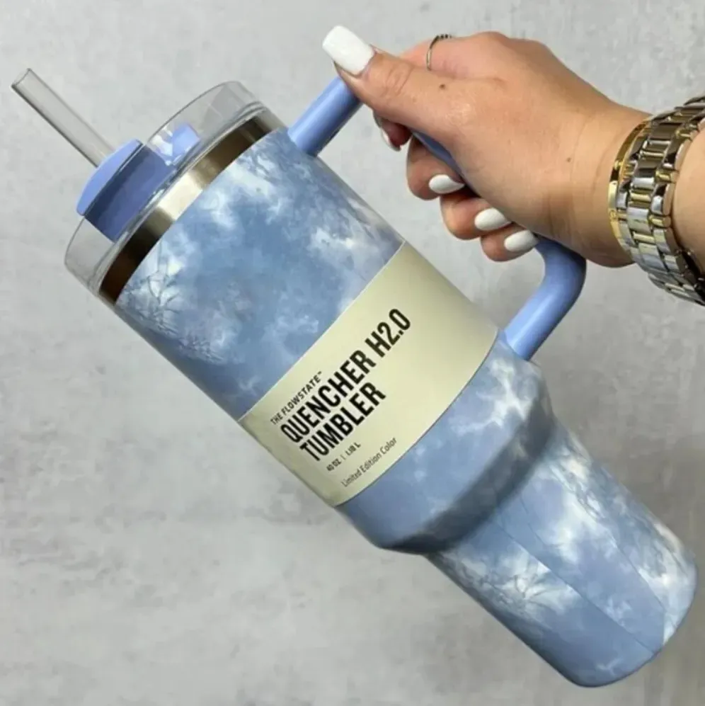 US Stock Quencher 40oz Tumbler Tie Dye Light Blue Pink Leopard Handle Lock Straw Beer Mug Water Bottle Powder Coating Outdoor Camping Cup I115