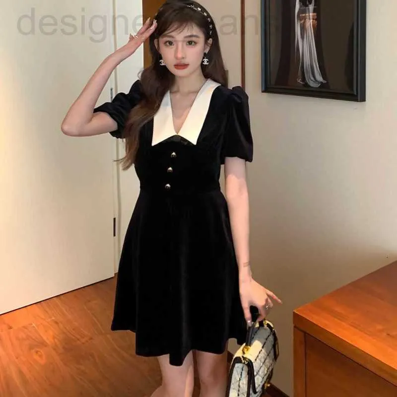 基本的なカジュアルドレスデザイナーミミ * 23SS秋の新しいVネックカラーベルベットバブルスリーブウエストラップドレス女性の黒い小さなfmmx
