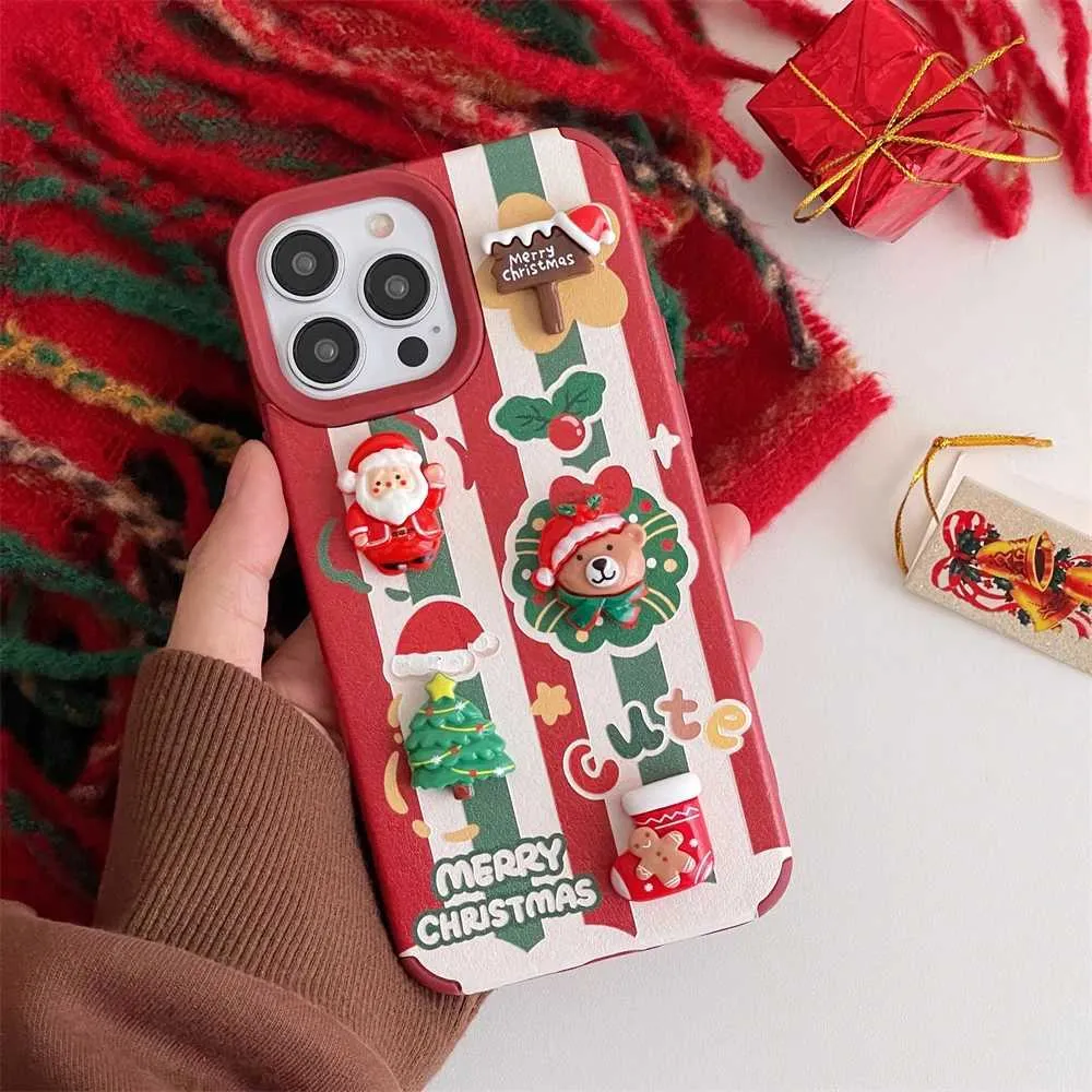 Cell Phone Cases Cute 3D Santa Claus Christmas Tree Bear Stripe Phone Case For iPhone 15 Pro Max 12 14 Pro 11 13 Graffiti Cartoon CoverL23/11/16