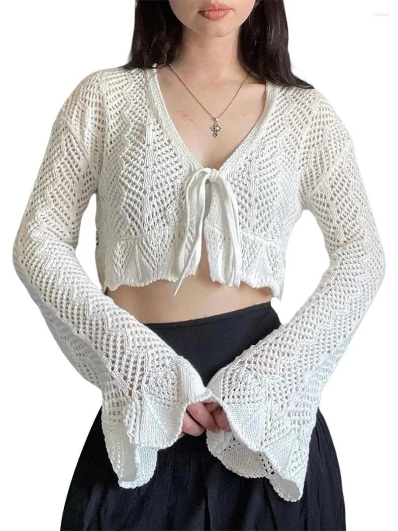 Women's Blouses Women S Casual Knitted Sweater Cardigan Solid Color V-neck Front Tie-Up Long Sleeve Hollow Out Crop Tops Y2k Streetwear