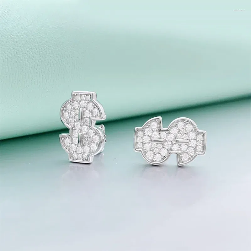 Orecchini a bottone Segno del dollaro Simbolo Vera Moissanite per donna Uomo Argento sterling 925 Mosan Diamond Money Ear Studs Placcato oro 18k