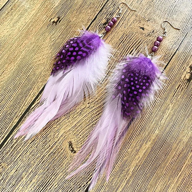 Серьги с этническими пурпурными белыми перо для женщин подвески для бусин