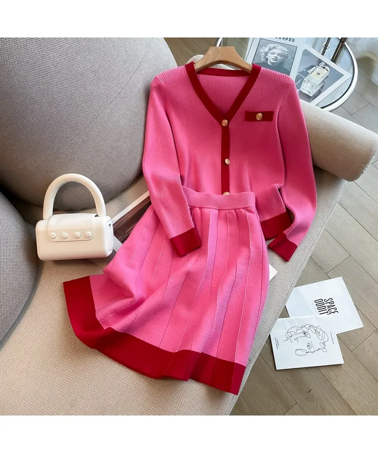 Two Piece Dress Fashion Women V Neck Hit Color Knitted Golden Single Breasted Loose Cardigan Two Piece Set High Waist A Line Skirt Suit Female2023