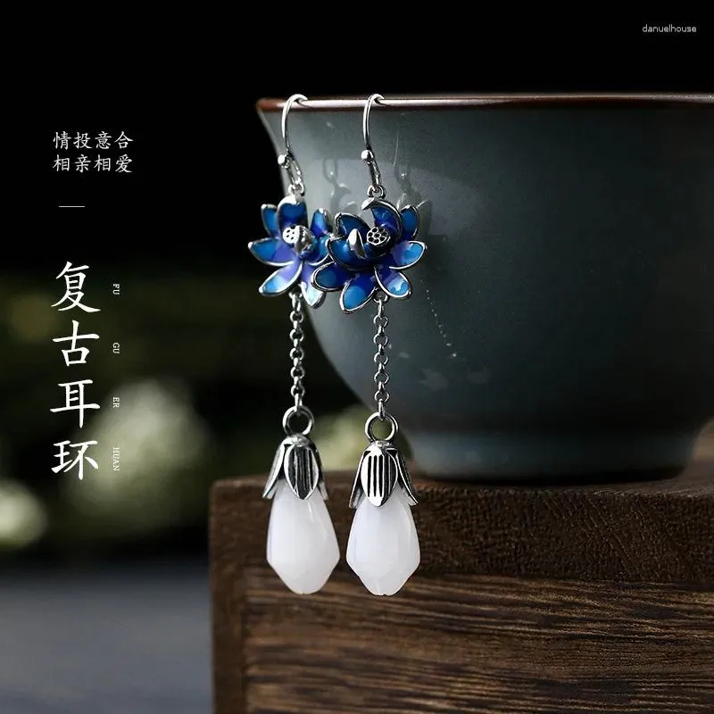 Серьги-гвоздики в китайском стиле, антикварные аксессуары, гальваническое тайское серебро, инкрустация Хэтянь, нефритовая орхидея, цветок лотоса