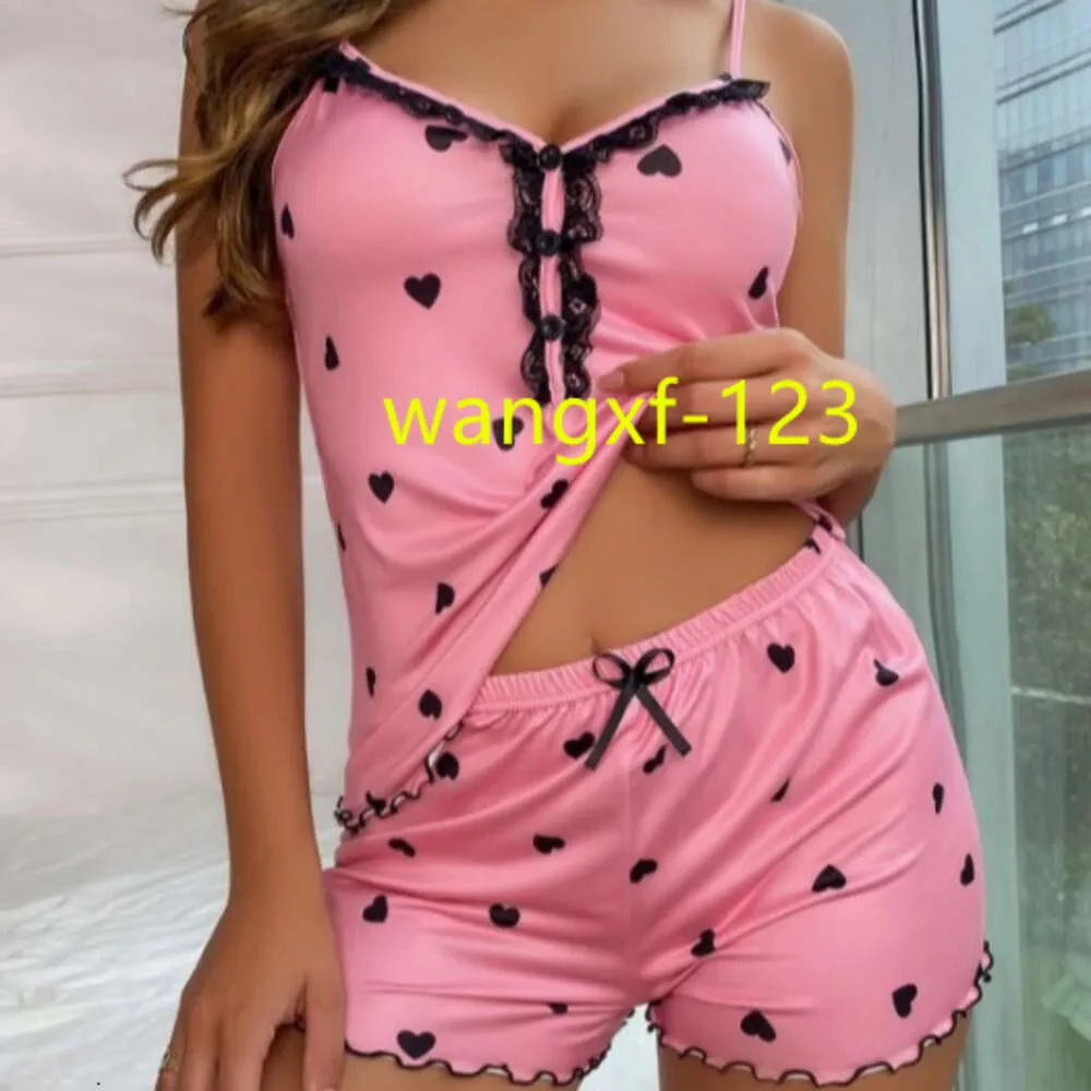 P025 2st Summer Ladies Sexy Hot Heart Print Simple Satin Lingerie Set Home Wear Soft Plus Size Women Sleepwear