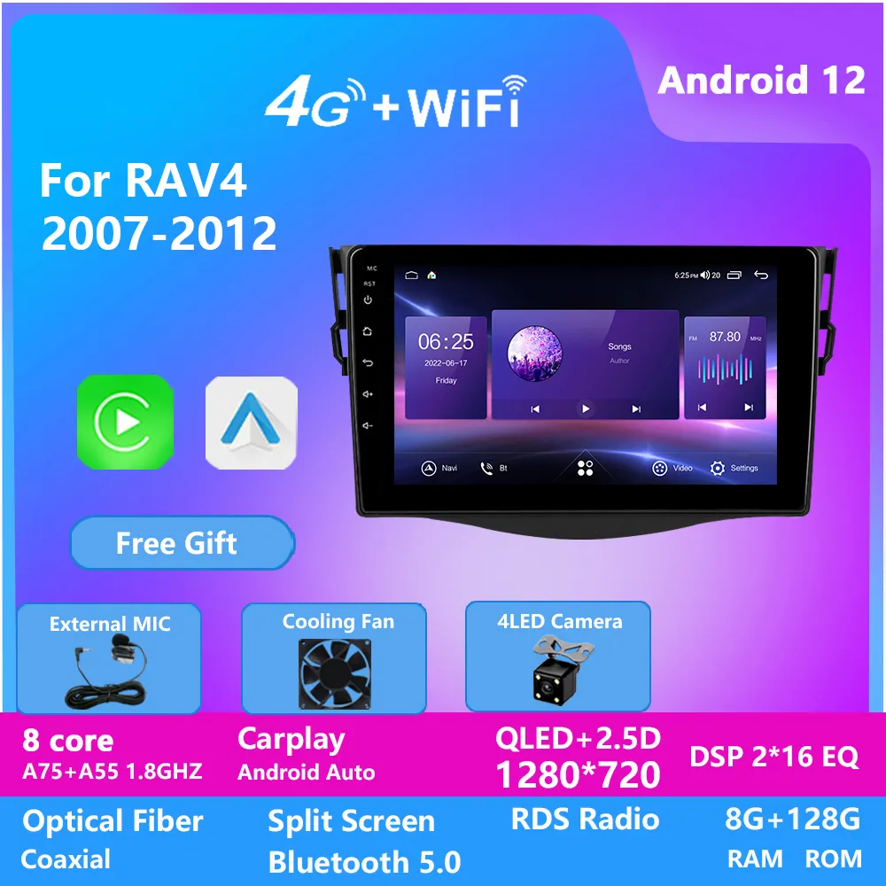 وحدة رئيس الفيديو Radio Radio Android مع Bluetooth GPS 8GB بالإضافة إلى 128 جيجابايت لتويوتا RAV4 2007 2008 2009-2012 DSP Carplay