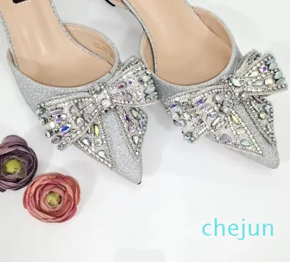Nigerian Women's Silver Mid Heels Frosted Crystal Shiny Rhinestone Party Italian Design Pointed And Bag Set