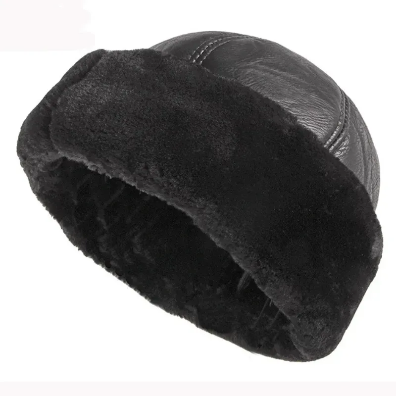 Beanie/Skull Caps Thick Outdoor Warm Winter Hat Men Black Fur Leather Russian Male Windproof Snow Ski Cap Fleece Lined 231115