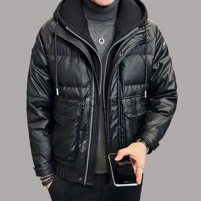 Męskie Parkas Winter Men's Casual Duck Down Kurtki z kapturem Solidne czarne ciepłe płaszcze z kapturem puffer o grube wiatroodporne ubranie J231115