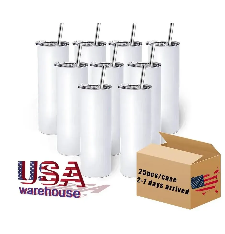 US/CA Stock 25pcs/Carton Sublimation Blanks مستقيمة Tumbler 20 أوقية كوب من البهلوان مع غطاء وقش 1115