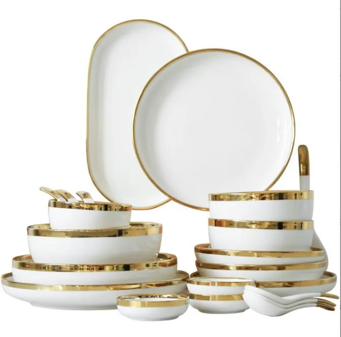 Set De Vajilla De Porcelana Blanca: Vajilla Elegante De Borde De