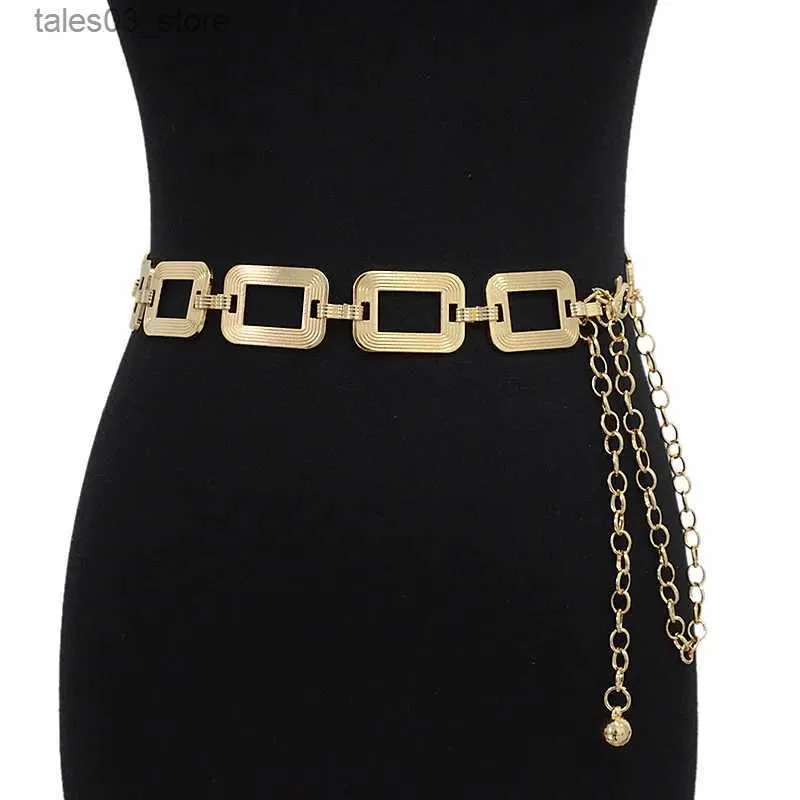 ベルト新しいユニークなゴールドシルバースクエアベルト女性ファッション金属合金薄い長方形ベルトメスジーンズドレスウエストバンド2023 Q231115