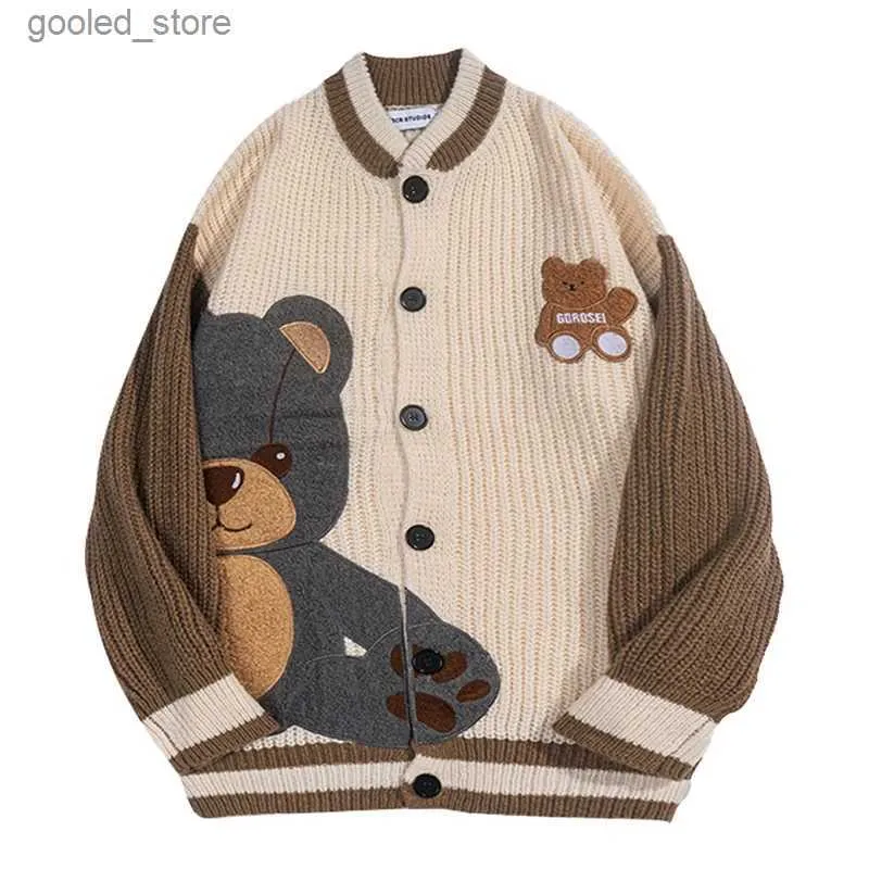 Men's Sweaters 2023 Autumn and Winter New Japanese Cartoon Cardigan Sweater Men's Tide Brand Loose Bear Couple Knitted Sweater Jacket Clothes Q231115