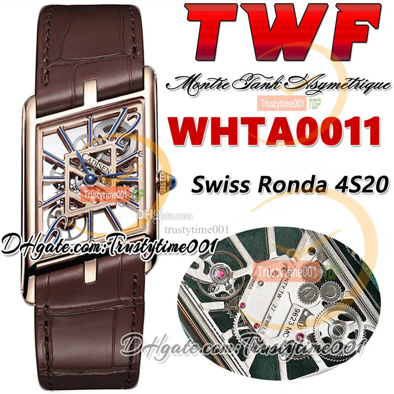 TWF TW0011 Swiss Ronda 4S20 Quartz Mens Watch Montre Asymetrique Unisex Watch Rose Gold Case Skeleton Dial Brown Leather Strap Super Edition TrustyTime001Watches