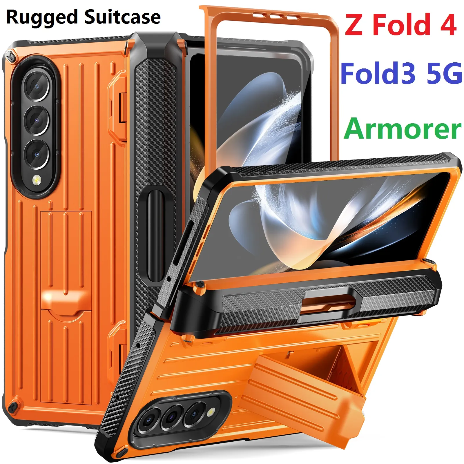 Armorer resväska Fall för Samsung Galaxy Z Fold 4 Fold 3 Case Rugged Stand Trolley Sock Proof Pen Slot gångjärn Skyddsskydd