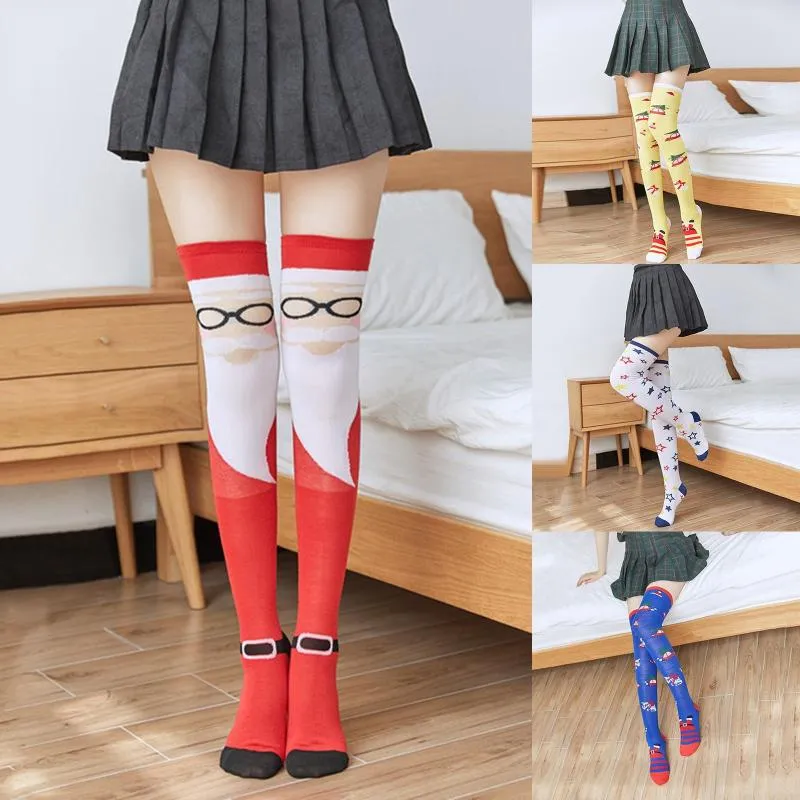 Femmes chaussettes bas de noël filles sur le genou longue longueur père noël imprimer fête vacances cuisse haute jambières chaud collants