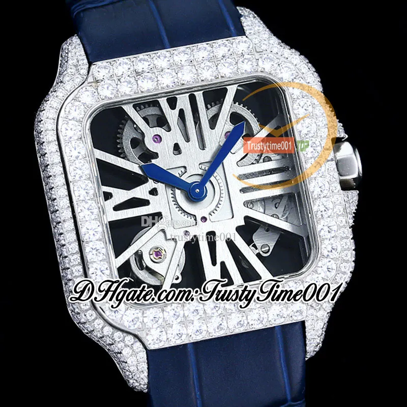 TWF TWD0007 Swiss Ronda 4S20 Quartz Mens Watch Fully Iced Out Big Diamonds Bezel Roman Markers Skeleton Dial Blue Leather Strap Super Edition trustytime001Watches