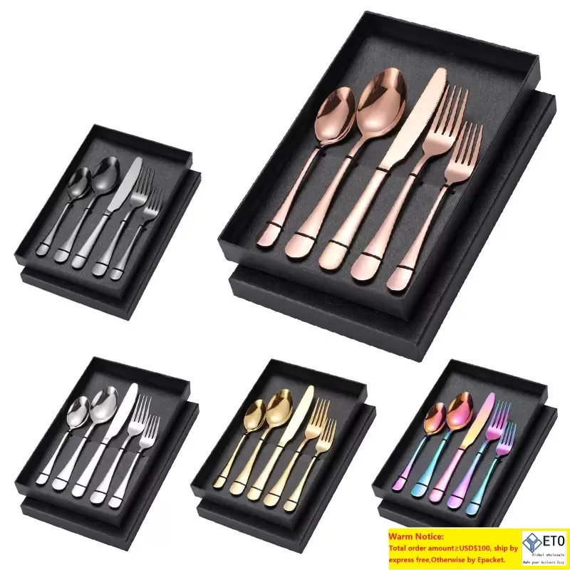 Upscale 5pcsset Tableware Set Rose Golden Spoon Fork Knife Dinnerware Black Flatware Colorful Rainbow Gold Cutlery Box