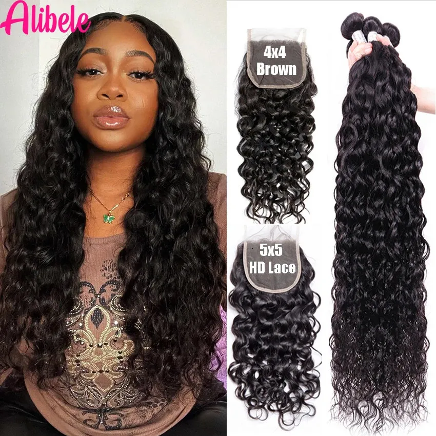 Syntetyczne peruki Alibele 5x5 HD Lace Zamknięcie z wiązkami Malaysia Water Wave Long Human Hair 4x4 231115