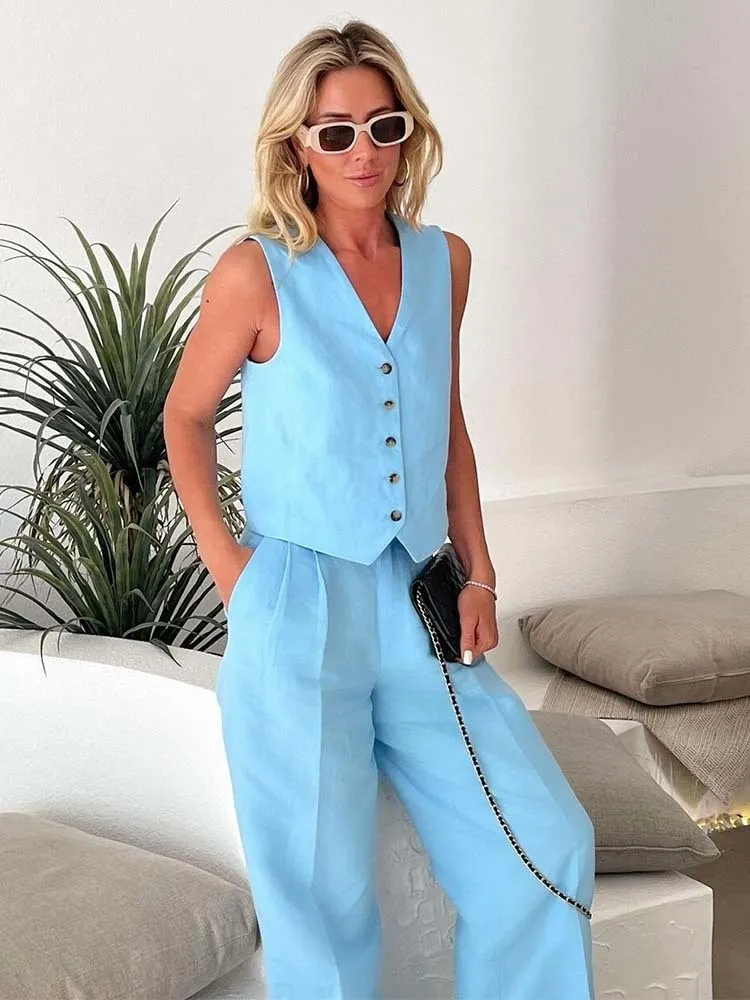 Linen vest and pants set sale