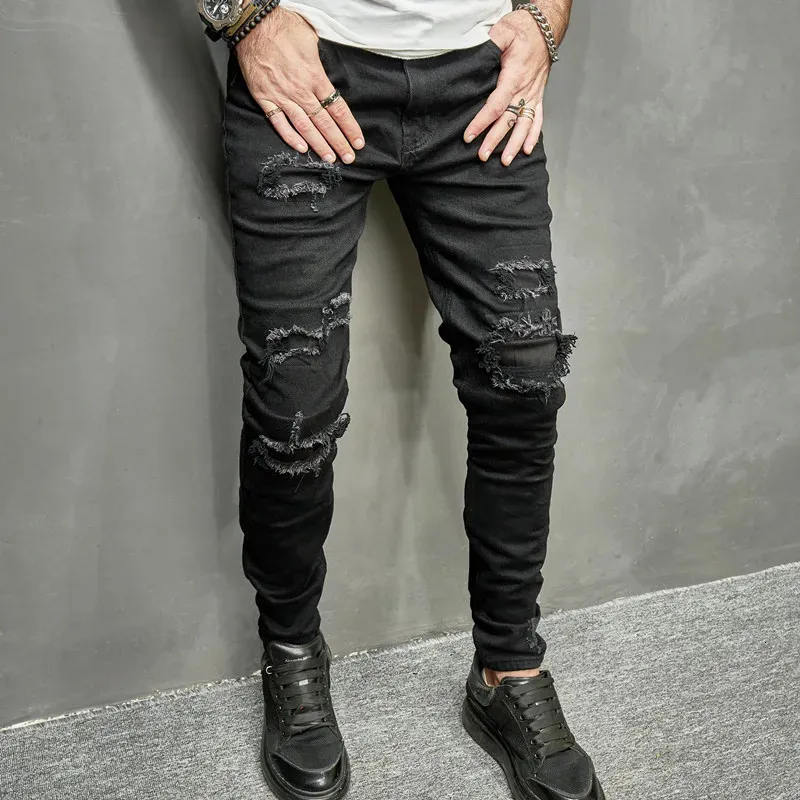 Mężczyźni S Jeans Mężczyznę Patch Patch Chudy Pencil Spodnie Mężczyzna High Street Stylish Risted Solid Slim Hip Hop Denim Spoders 231114