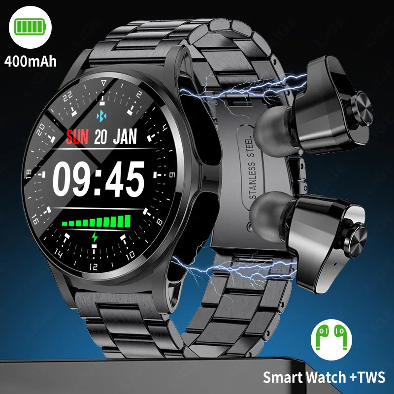 LIGE NFC Smartwatch TWS zestaw słuchawkowy Bluetooth dwa w jednym 1,39HD Wyświetlacz IP67 Wodoodporny monitor słuchawkowy męski sportowy zestaw słuchawkowy Smartwarch