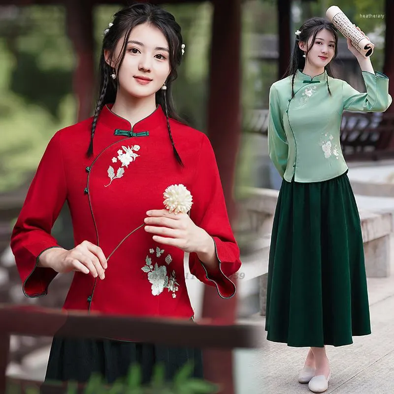エスニック服2023伝統的な中国のQipaoブラウス女性マンダリンカラーコートオリエンタルフラワーエブロディリーシャツ女性エレガントなチョンサム