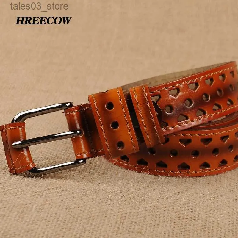 Bälten Ny produkt Fashion Hollow Out Cowhide Leather Female Belt Vintage Gun Color Drawing Lady Pin Buckle Belt For Women Q231115