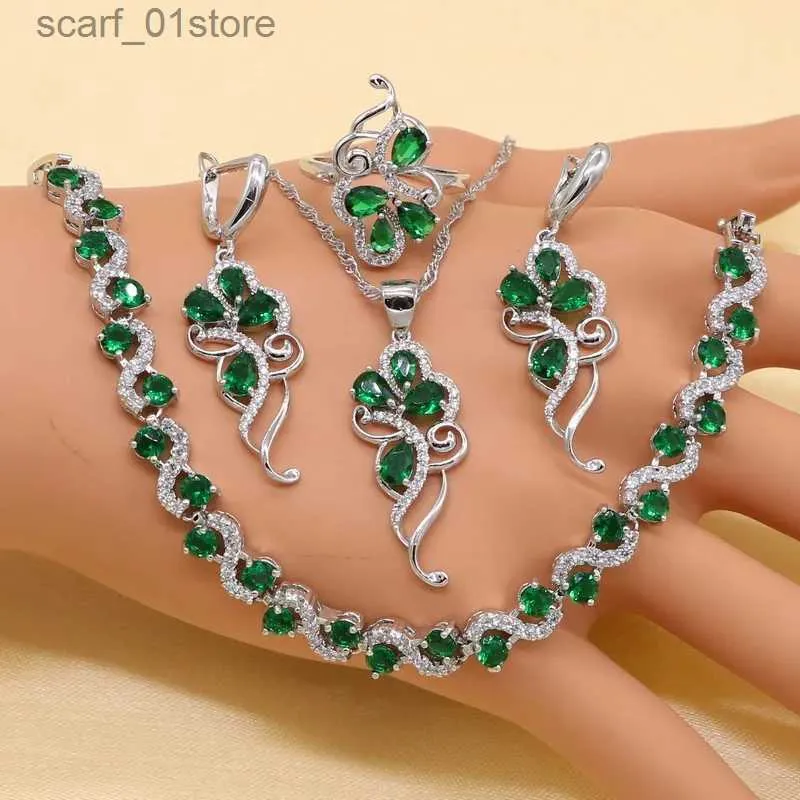 Kedja 925 Sterling Silver Green Stones Cubic Zirconia smyckesuppsättningar för kvinnorörhängen/hänge/halsband/ring/armeletl231115