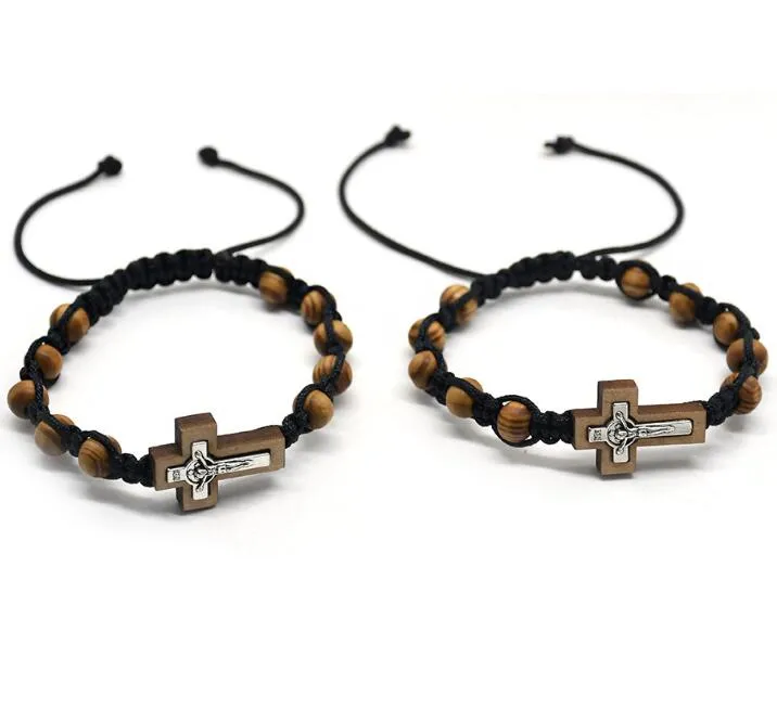 wooden beads cross jesus Briaded Bracelets Adjustable Coffee Brown xmas gift new arrival men women vintage