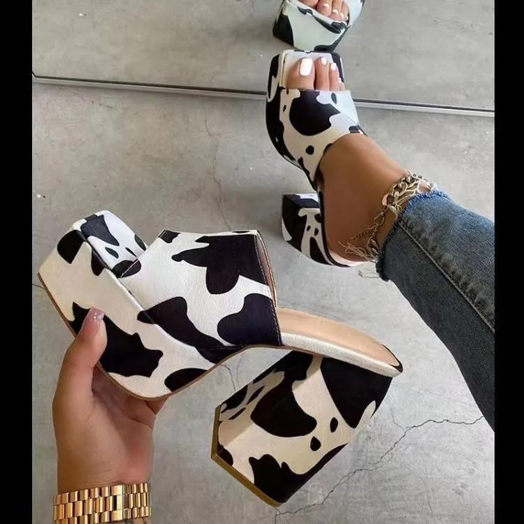 DHgate Womens Cow print Square toe Platform High heel Outdoor Sandals Shoes Accessories