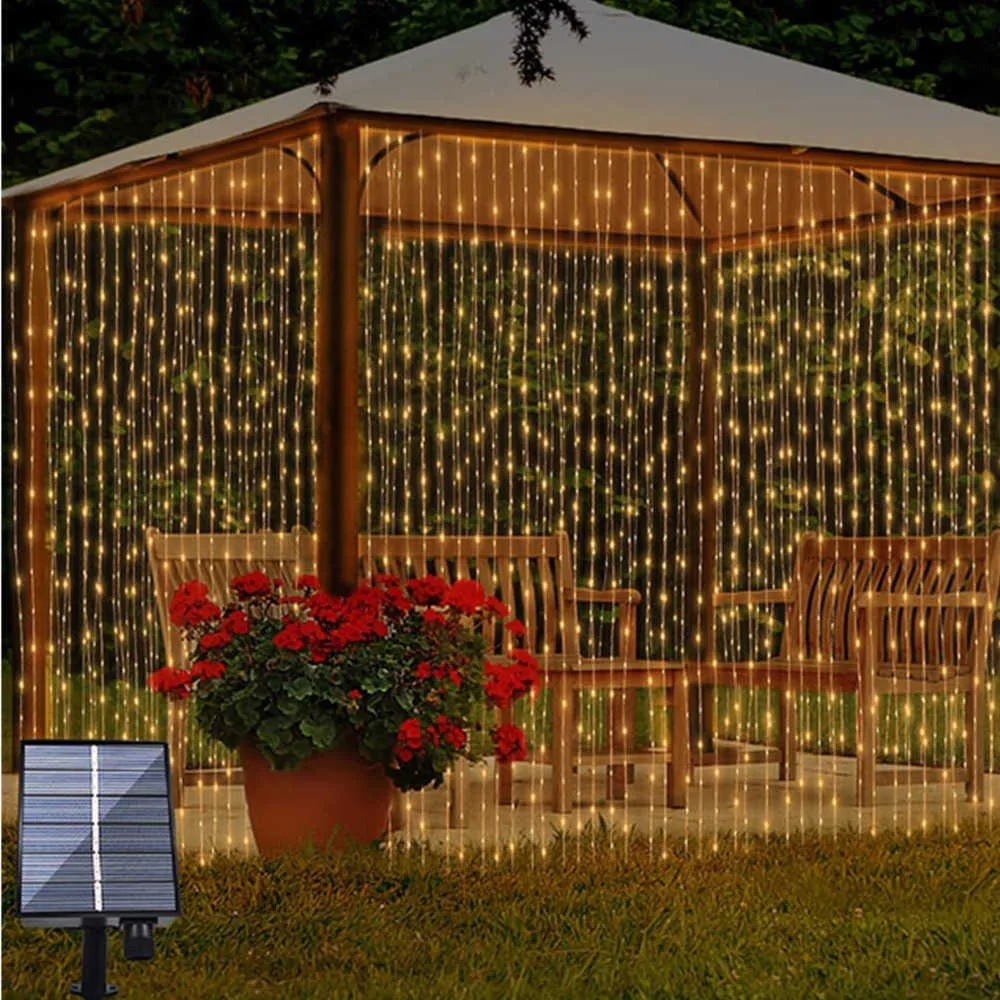 LED -strängar Solar Fairy Curtain Lights 3M 300Led Waterproof Outdoor Garland Solar Power Lamp Christmas For Garden Party Wedding Decoration P230414