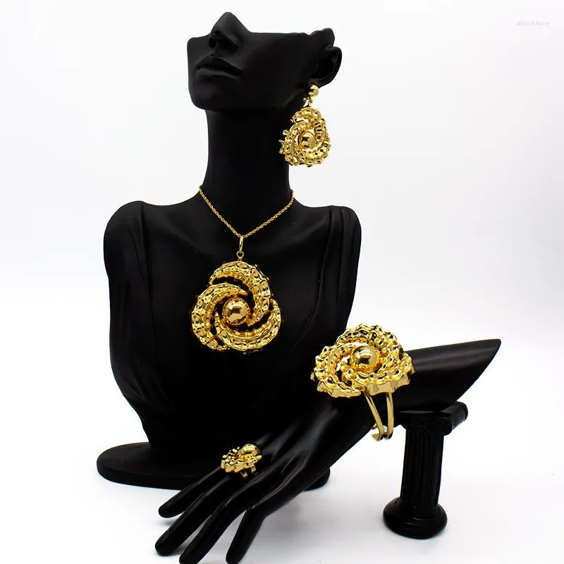 Necklace Earrings Set Large Style Jewelry Moon And Sun Pattern Pendant African Dubai Golden Bangle Rings Sets For Women Gifts