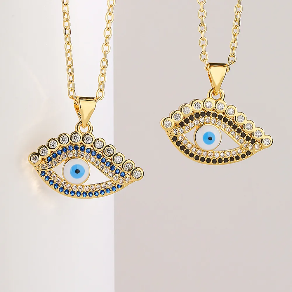 S3578 Copper 18K Gold Gold Plaid Zirkoon Email Turks Blue Eye Pendant ketting voor vrouwen Evil Eyes Choker Kettingen