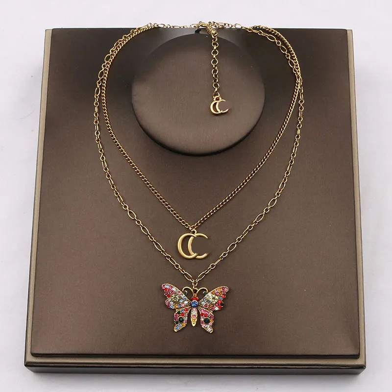 20style Designer Brand Double Letter Necklaces Butterfly Pendant Thick Chain Sweater Necklace for Fashion Women Wedding Gift Jewelry Accessories