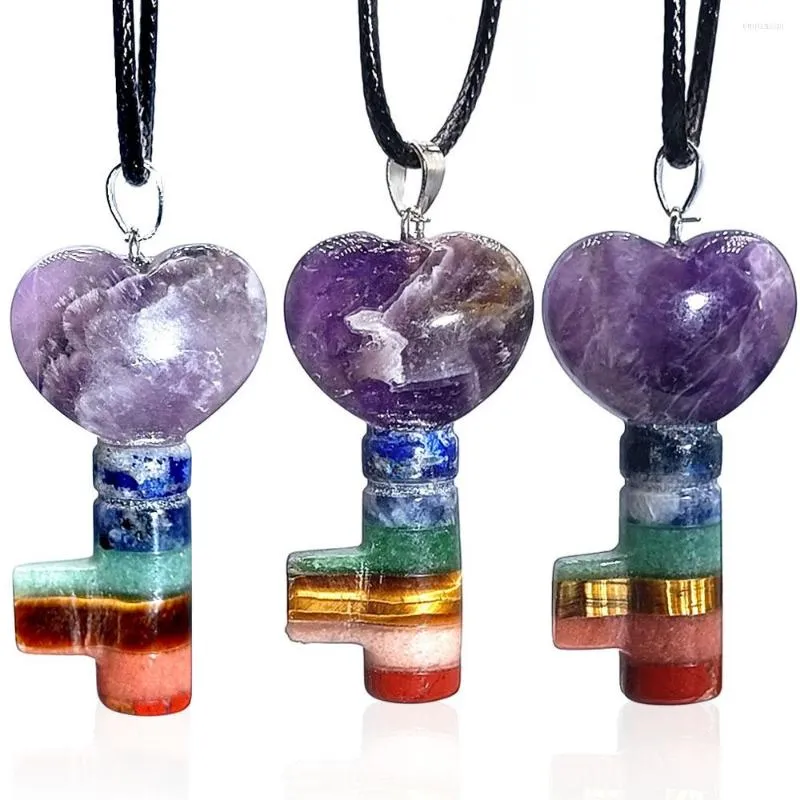 Pendentif Colliers Naturel 7 Chakra Cristal Clé En Forme De Clés Sculptées À La Main Cristaux De Guérison Améthyste Coeur Collier De Pierres Précieuses Pour Les Femmes Cadeau