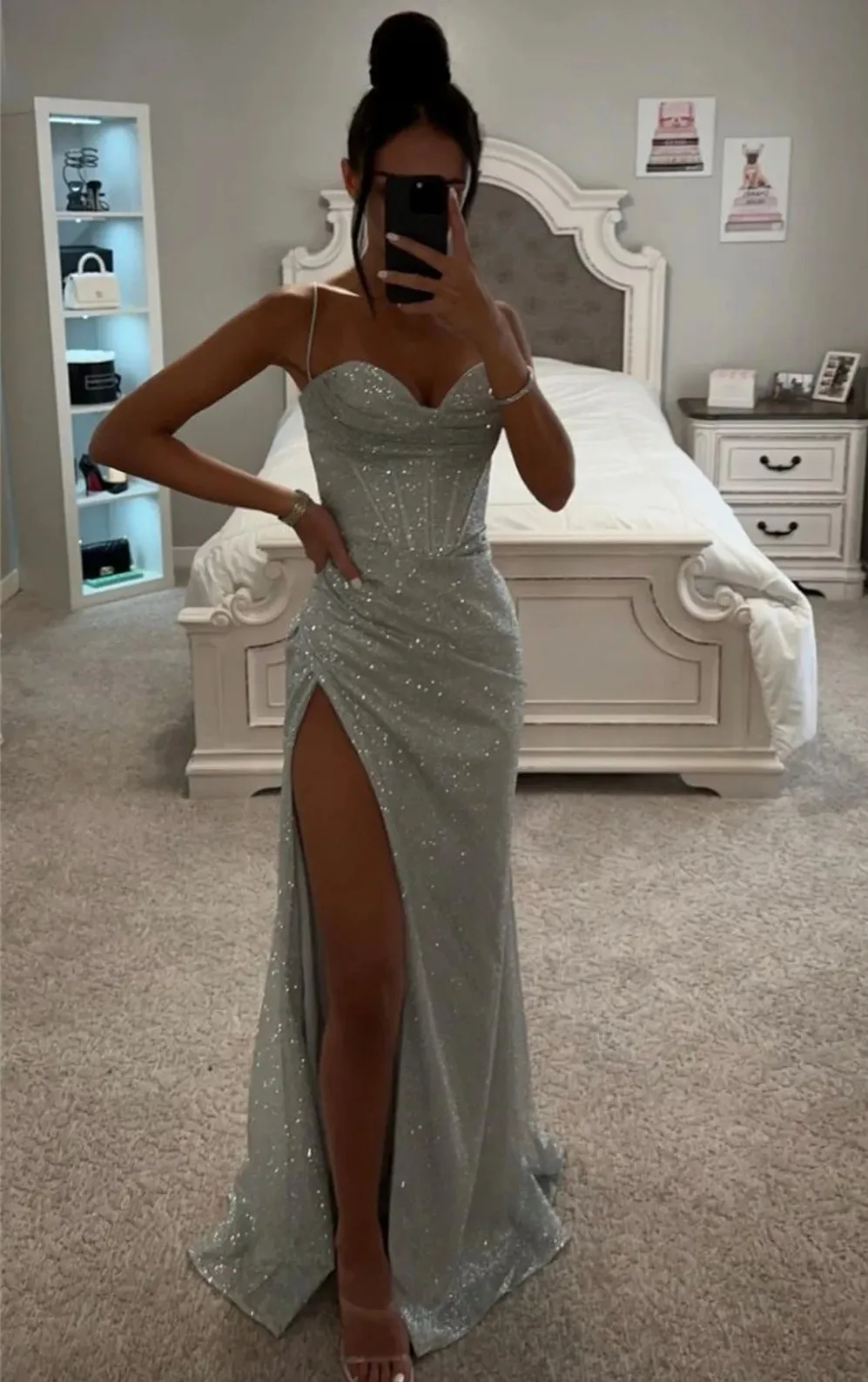 2024 Shiny Mermaid Abend Pageant Kleid Sexy Seite Split Spaghetti Strap Pailletten Lange Frauen Formale Prom Party Kleider Robe De soiree