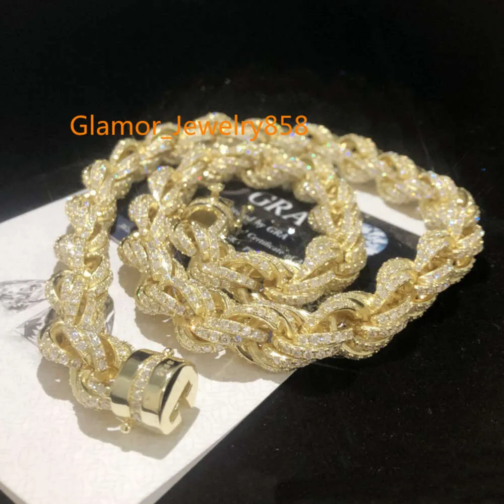 VVS Moissanite Stones Cadena de cuerda de oro Cuerdas de 12 mm de ancho Plata de ley 925 diamantes chapados en oro Las cadenas de Cuba pasan la prueba de diamantes Collares Colgante helado