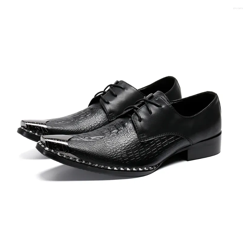 Chaussures habillées imprimé Crocodile pour hommes, mode britannique, bout en fer, cuir de vache véritable, pointu, noir, Oxfords Zapatos Hombre