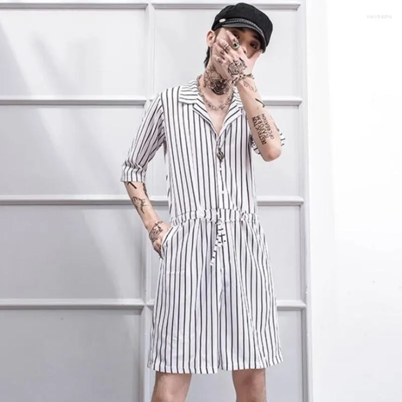 Herren Shorts Sommer Streifen Hip-Hop Herren Overalls Trendy Male Retro Lose Kurzarm Marke Onesies Overalls Vertikale Streifen