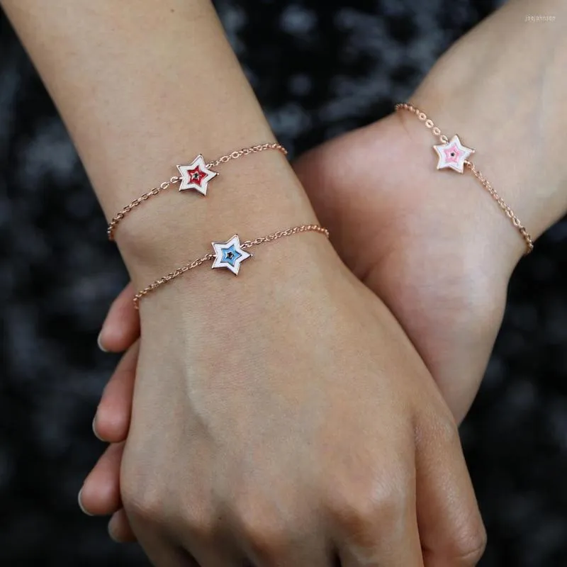Charm Bracelets Factory Price Rose Gold Color Plated Tiny Link Chain With Pink Red Blue Enamel Star Bracelet For Girl Party Gift