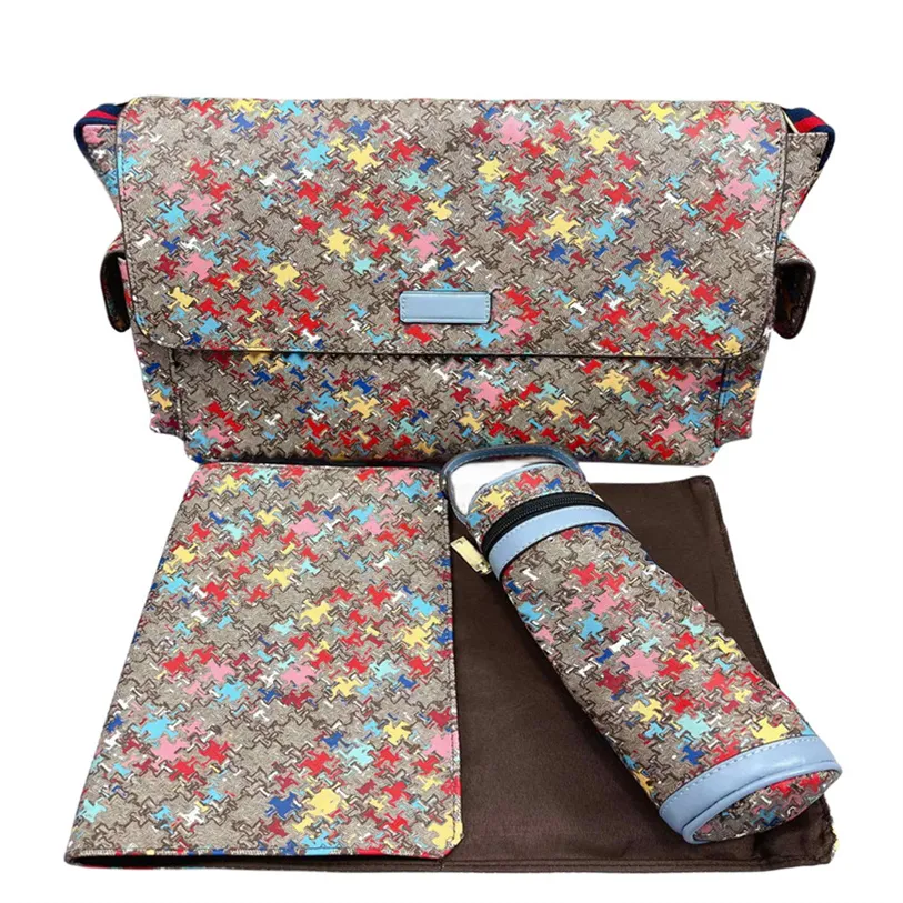 Borsa per pannolini Borsa per pannolini impermeabile per mamma Bambino Cerniera per bebè Plaid marrone Stampa Zaino per vendite Messenger Borsa per pannolini in pile Set di tre pezzi di moda D09