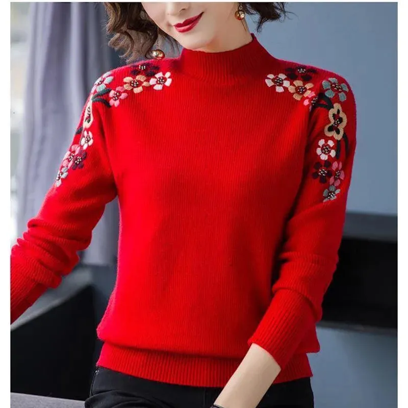 Kvinnors tröjor Fashion Half High Collar Sticked Beading broderi Tröja Kvinnokläder Autumn Casual Pullover Loose Commute Tops 231115